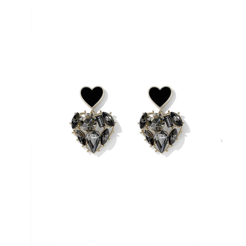 Venta al por mayor Pendientes de corazón de diamantes de imitación negro OLY-ES-FL004