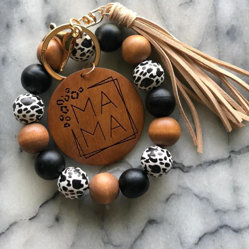 Wholesale 5pcs/pack MAMA Mother's Day Wood Sign Leopard Print Silicone Beaded Wrist Keychain