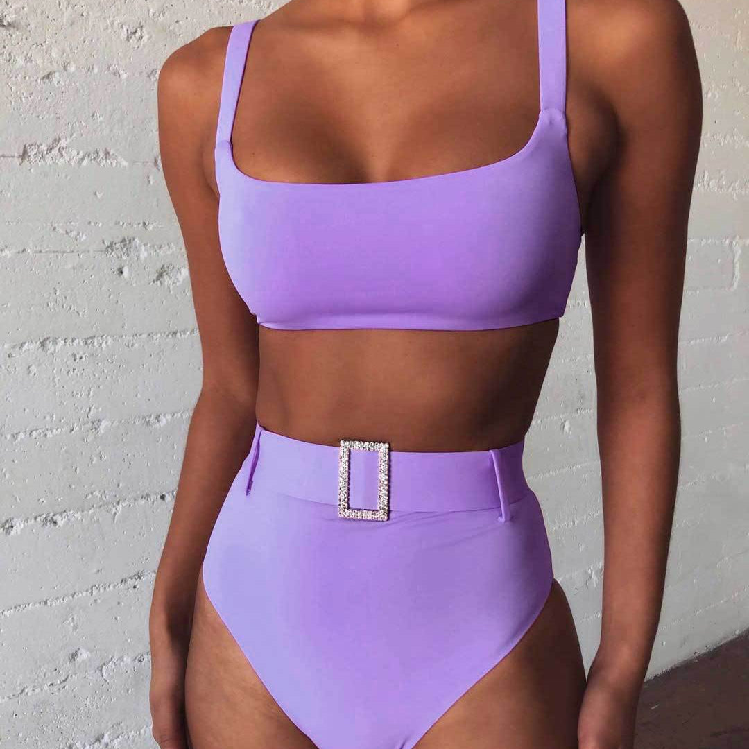 Wholesale Solid Color High Waist Bikini Polyester Swimwear