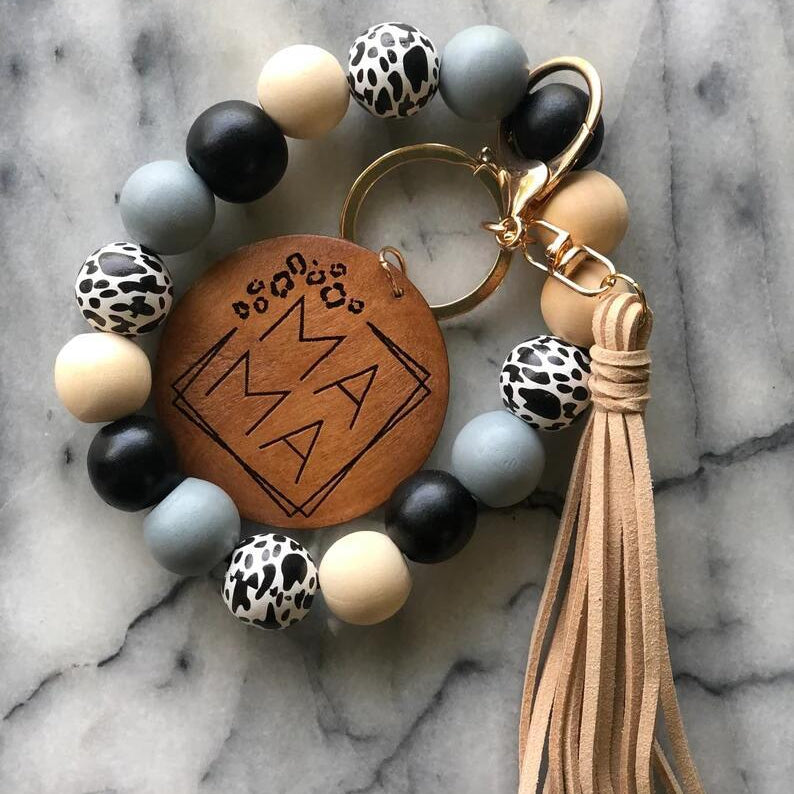 Wholesale Mother's Day Leopard Print Wooden Beads Tassel Bracelet Keychain