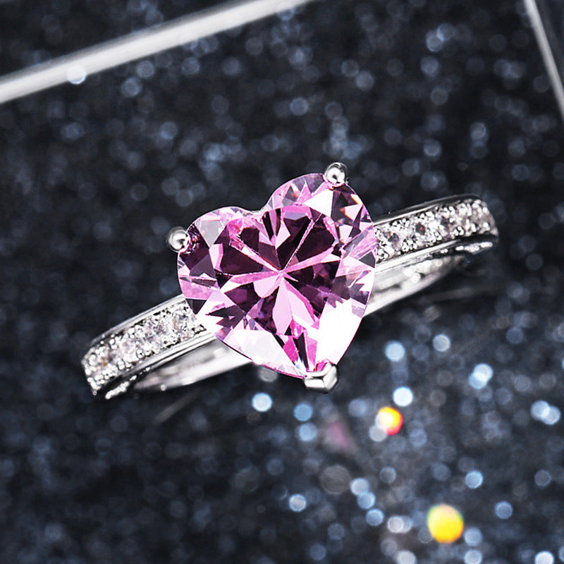 Wholesale Inlaid Heart Shape Pink Diamond Zircon Ring OLY-RS-Caoshi001