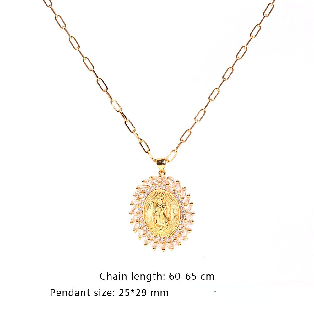 Wholesale Copper Thick Chain Round Card Diamond Creative Necklace