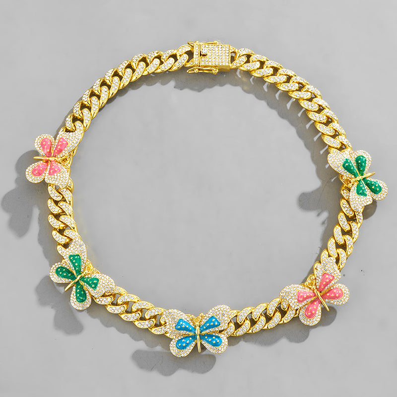 Wholesale Necklaces Alloy Cuban Chain Full Diamond Colorful Butterfly OLY-NE-XD002