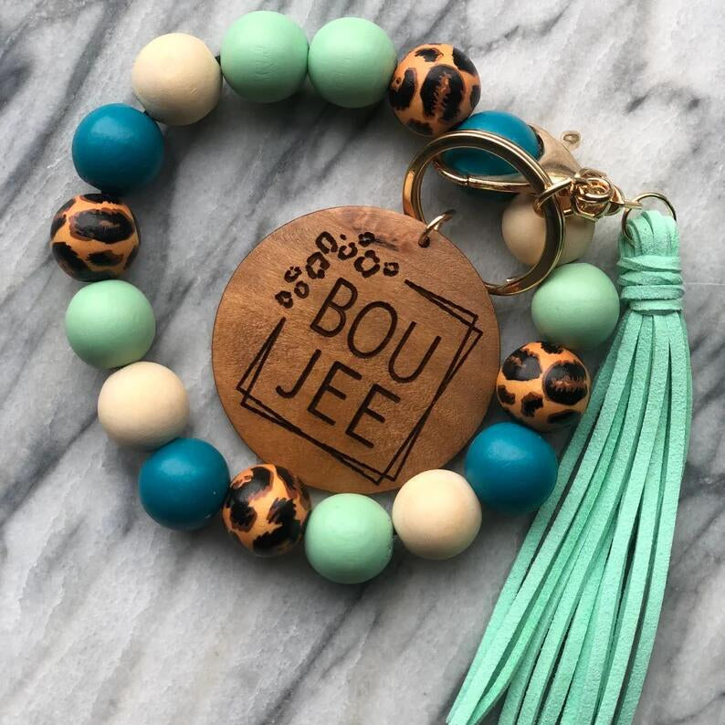 Wholesale Mother's Day Leopard Print Wooden Beads Tassel Bracelet Keychain