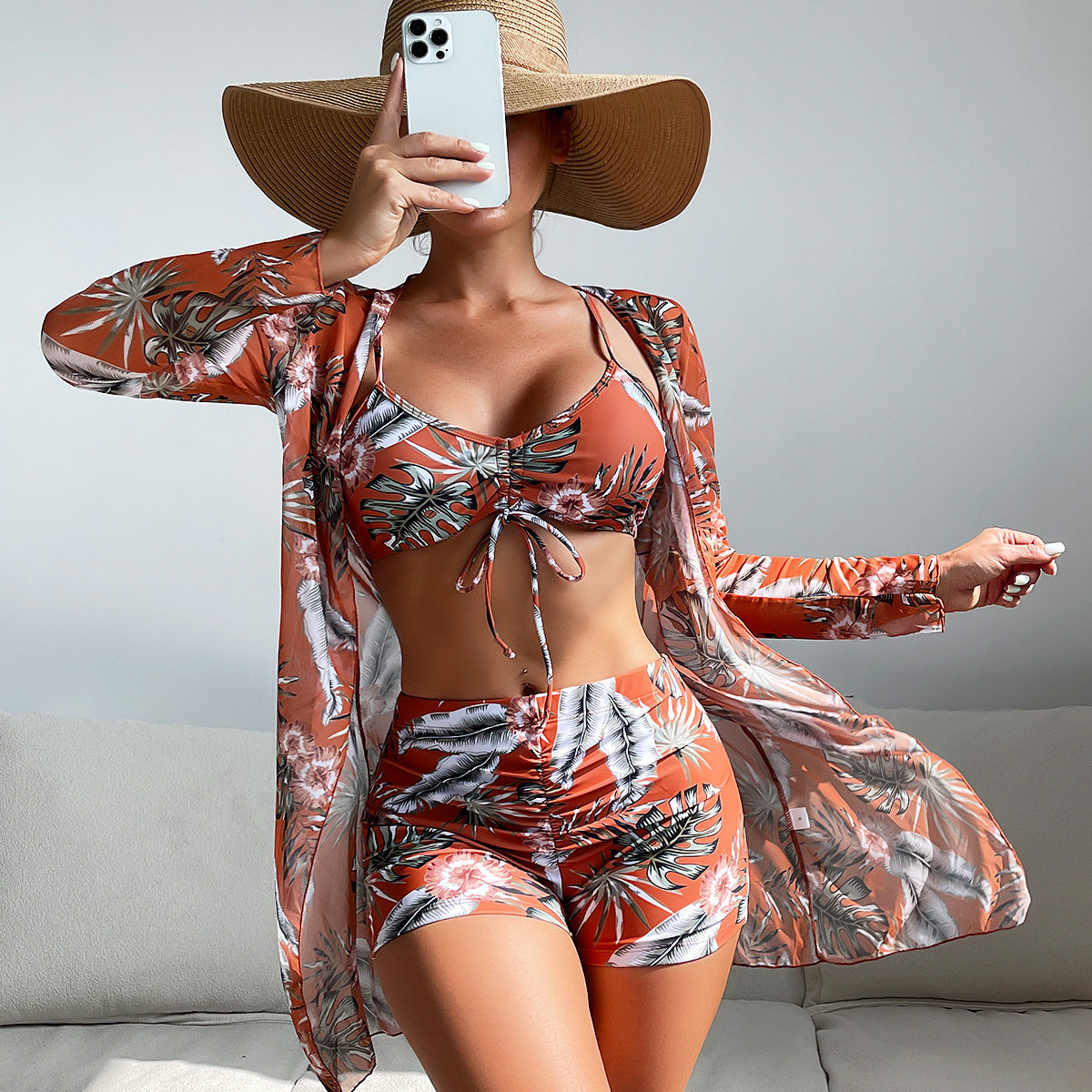 Conjunto de tres piezas de traje de baño de poliéster dividido al por mayor