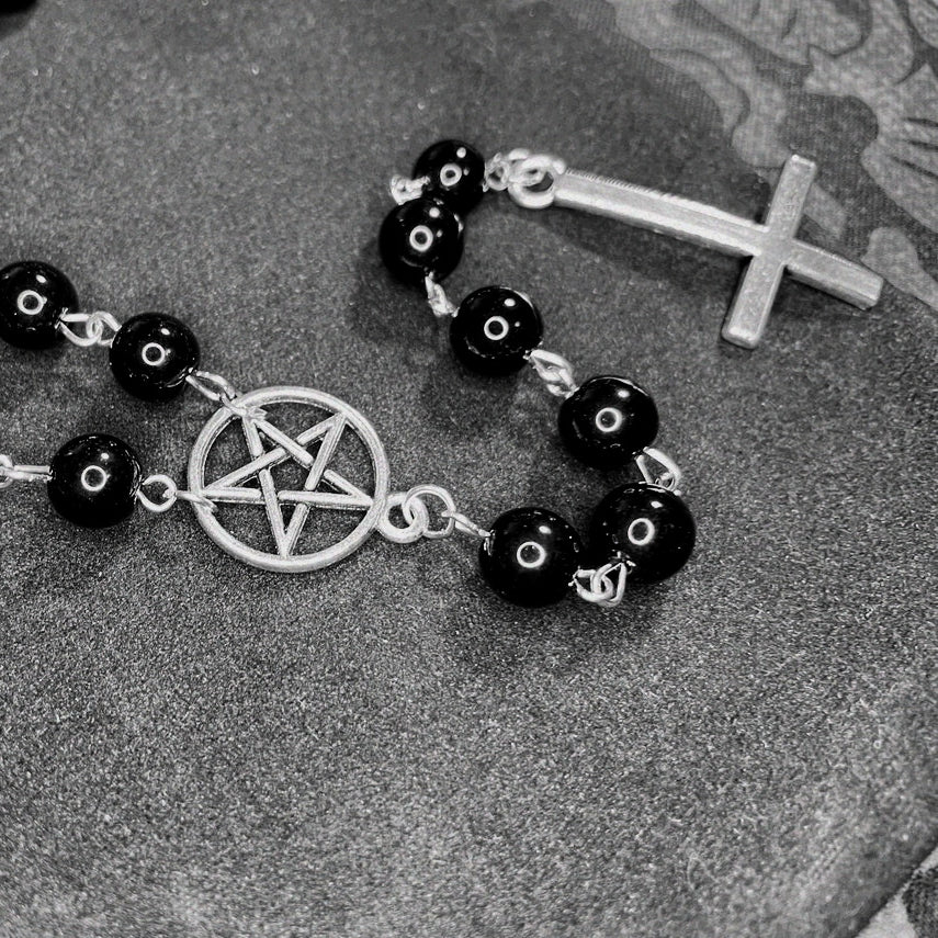 Wholesale Alloy Circle Pentagram Cross Black Beaded Necklace