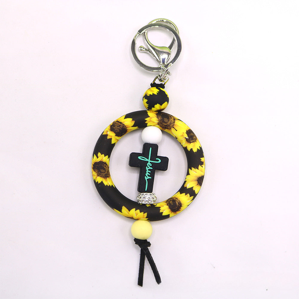 Wholesale Western Wind Cowhead Sunflower Beaded Silicone Ring Keychain