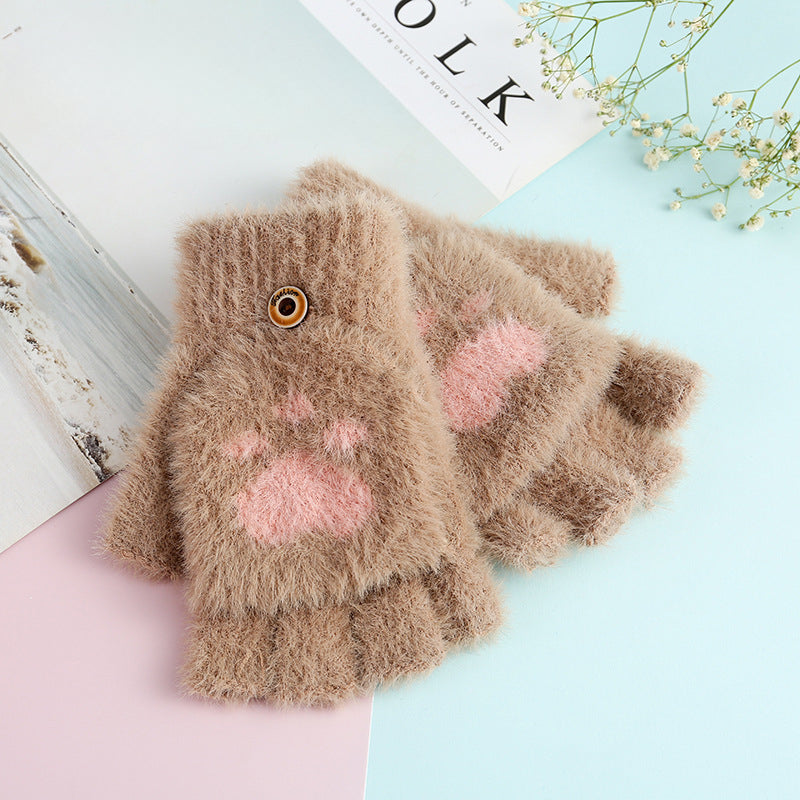Wholesale Winter New Half Finger Flip Bear Paw Gloves
