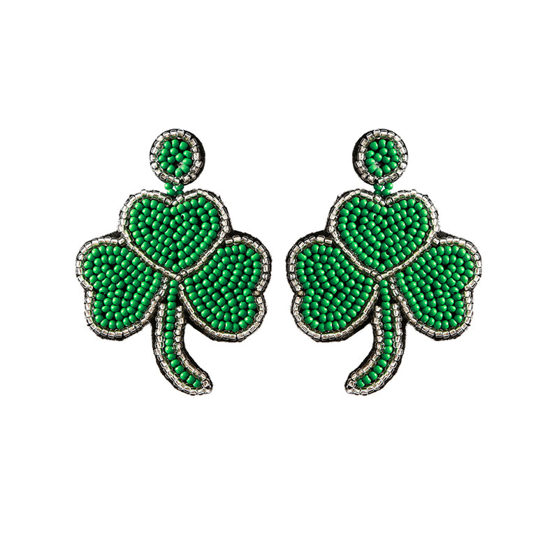 Wholesale Carnival Festival St. Patrick's Day Boho Green Leaf Rice Bead Tassel Earrings OLY-ES-JM001