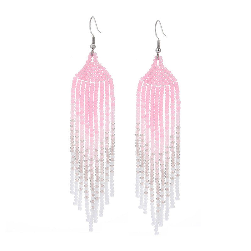 Wholesale Boho Braided Long Tassel Rice Bead Earrings OLY-ES-LC005