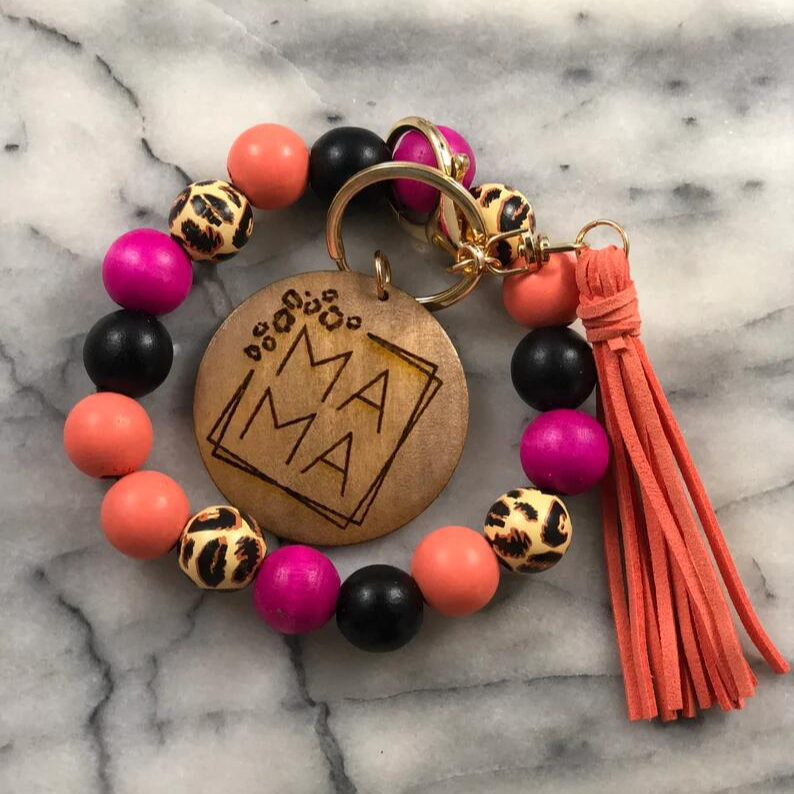 Wholesale 5pcs/pack MAMA Mother's Day Wood Sign Leopard Print Silicone Beaded Wrist Keychain