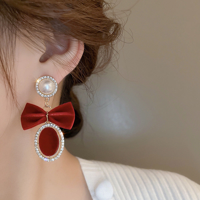 Wholesale Velvet Red Bow Oval Pearl Earrings