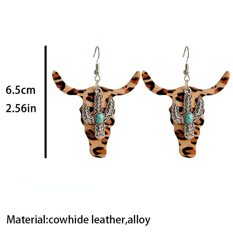 Wholesale 2 Pairs/Pack Leopard Cow Pattern Cactus Bull Head Alloy Leather Earrings